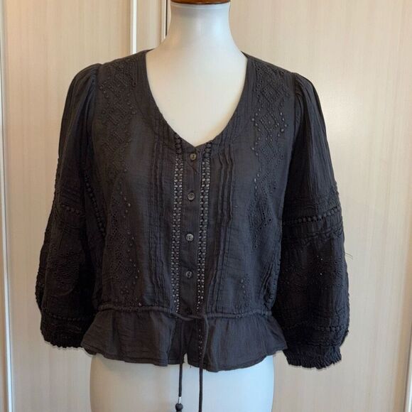 Lucky Brand gray eyelet button front w/tie boho peasant shirt top blouse S - Picture 5 of 14